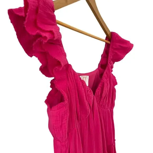 Victoria Dunn Folly Gauzy Pink Tiered Ruffled Sleeve Maxi Dress Size‎ Medium
